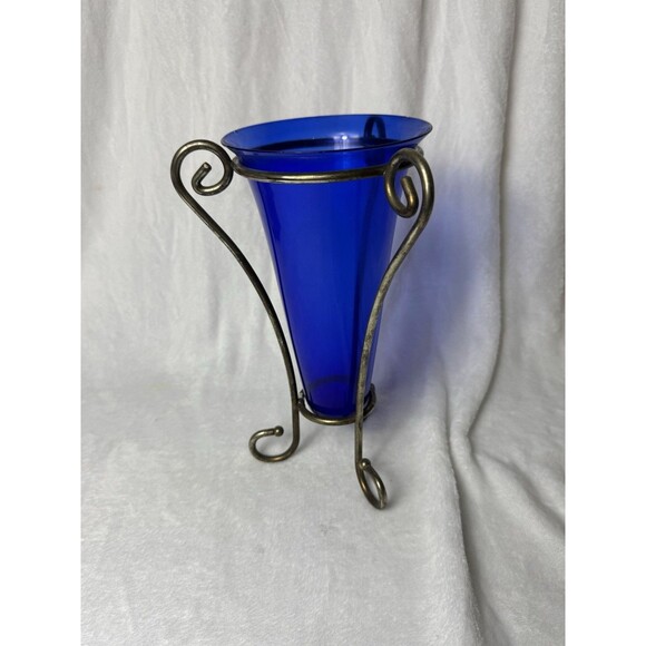 Vintage 12" Cobalt Blue Glass Vase with Metal Stand – Small Flaws - Picture 5 of 9